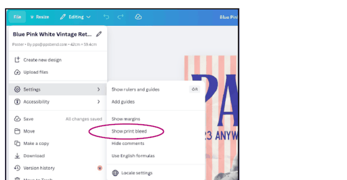 Canva Settings menu with Show print bleed option circled