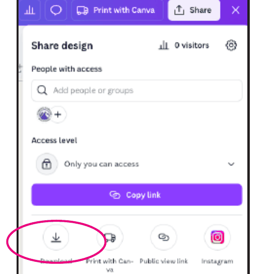 Canva Share design panel with the Download icon circled
