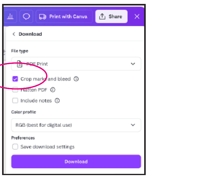 Canva download panel with Crop marks and bleed checkbox circled